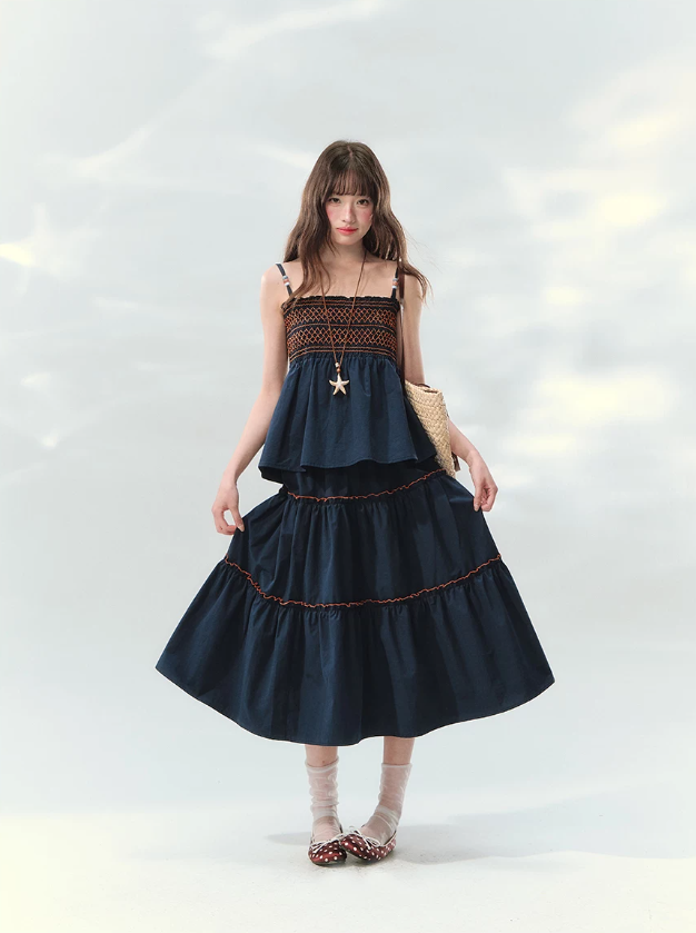 “Bohemian Travel Notes” Navy Beaded Cami & Tiered Maxi Skirt Set