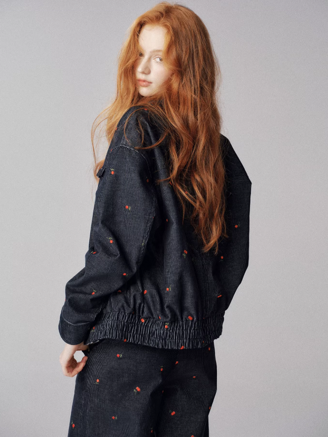 "浆果花园" Cherry Checkered Retro Jacket & Wide-Leg Pants Set