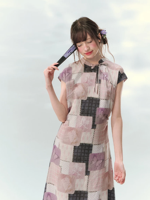 “Wisteria Poetry” Purple Patchwork Print Cheongsam Dress