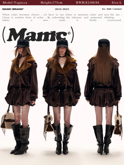 MAMC - Brown Bubble-Hem Faux Fur Panel Dress WE886