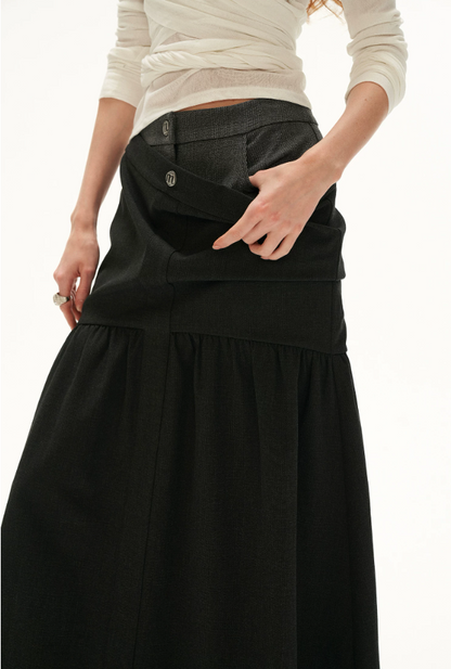 MAMC - Vintage Plaid A-Line Skirt with Layered Waist Detail (Black / Yellow)