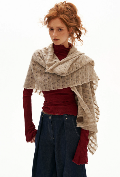MAMC - Textured Muse Fitted Long-Sleeve Top (Red / White)