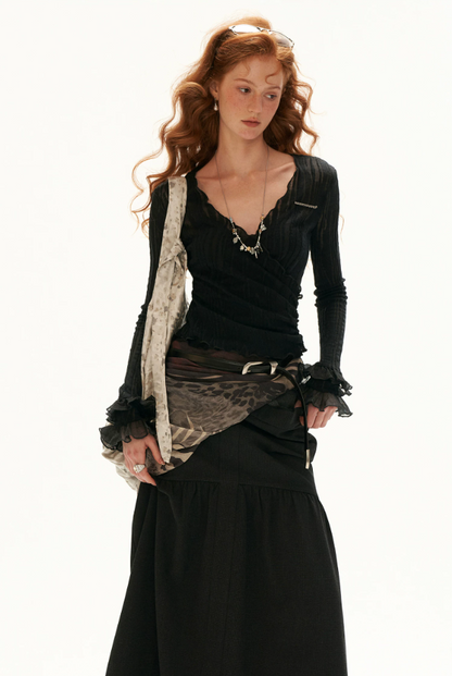 MAMC - Black Wool-Blend Lace Wrap Cardigan with Ruffle Sleeves