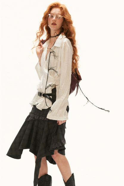 MAMC - White Textured Pleated Irregular-Collar Long Sleeve Shirt