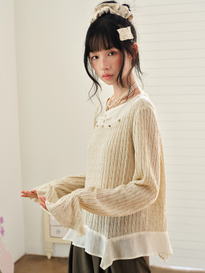 DAILY ARTIST - Almond Beige Lace-Trim Textured Knit Top