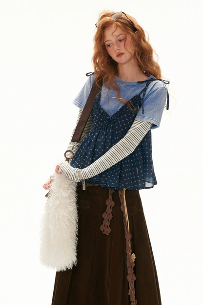 MAMC - Vintage Blue Faux-Layered Star Print Cami & Long-Sleeve Top