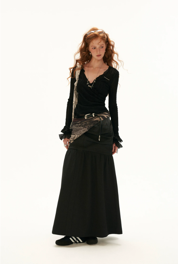 MAMC - Black Wool-Blend Lace Wrap Cardigan with Ruffle Sleeves