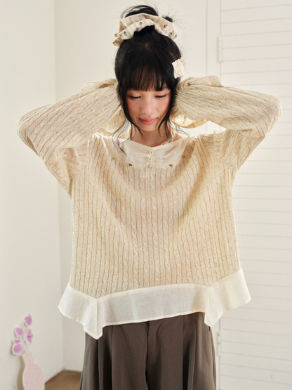 DAILY ARTIST - Almond Beige Lace-Trim Textured Knit Top