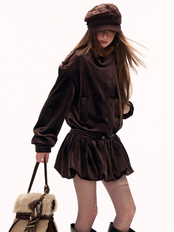 MAMC - Brown Bubble-Hem Faux Fur Panel Dress WE886