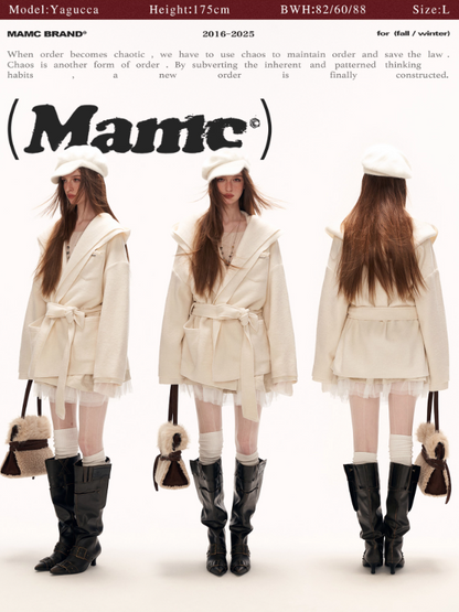 MAMC - White Double-Hood Wool Blend Tie Coat WE896