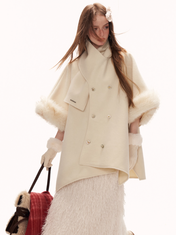 MAMC - White Scarf-Trim Faux Fur Cape Jacket WE889