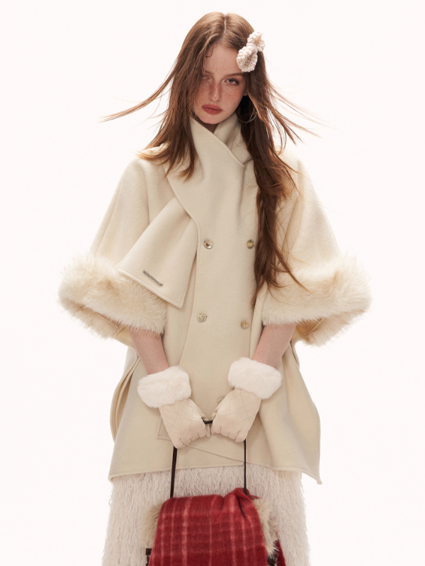 MAMC - White Scarf-Trim Faux Fur Cape Jacket WE889