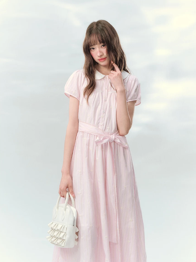 “Pink Mist Soufflé” Blush Pink Embroidered Doll Collar Dress