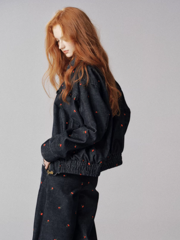 "浆果花园" Cherry Checkered Retro Jacket & Wide-Leg Pants Set