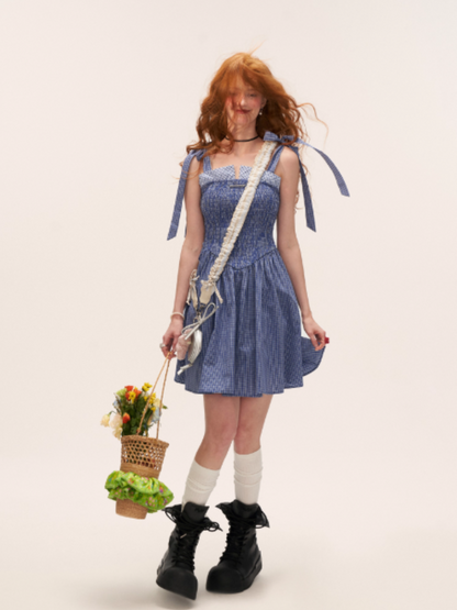 French Bow Tie Strap Smocked Dress WE852 (Navy Plaid)