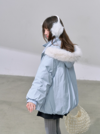 "雪境叠影" Faux Two-Piece Blue Down Jacket with 90% Duck Down & Fur Hood