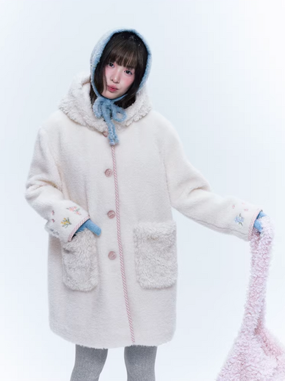 CREAMO2奶油氧气 - Soft Ivory Embroidered Teddy Wool-Style Midi Coat