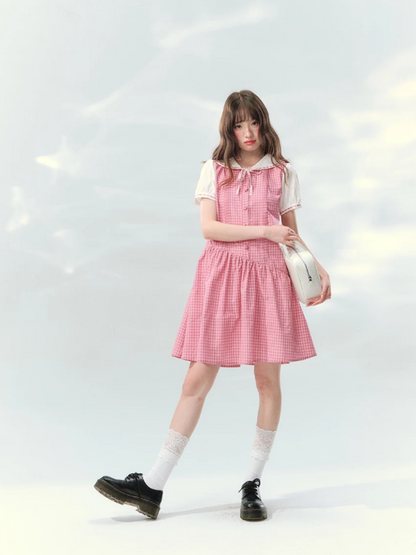 “Peach Plaid Academy” Pink Plaid Peter Pan Dress LL2026152