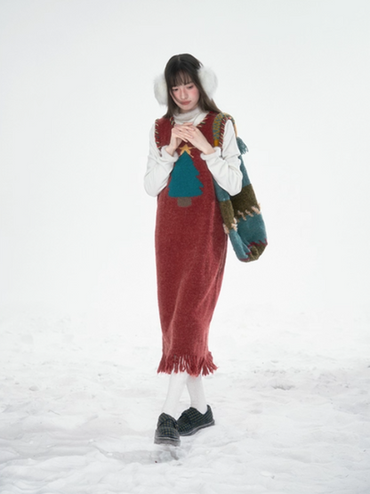“Christmas Cedar Star" Knit Set – Festive Red Vest Dress