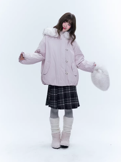 CREAMO2奶油氧气 - Soft Pink-Purple Detachable Fur Hooded Down Jacket