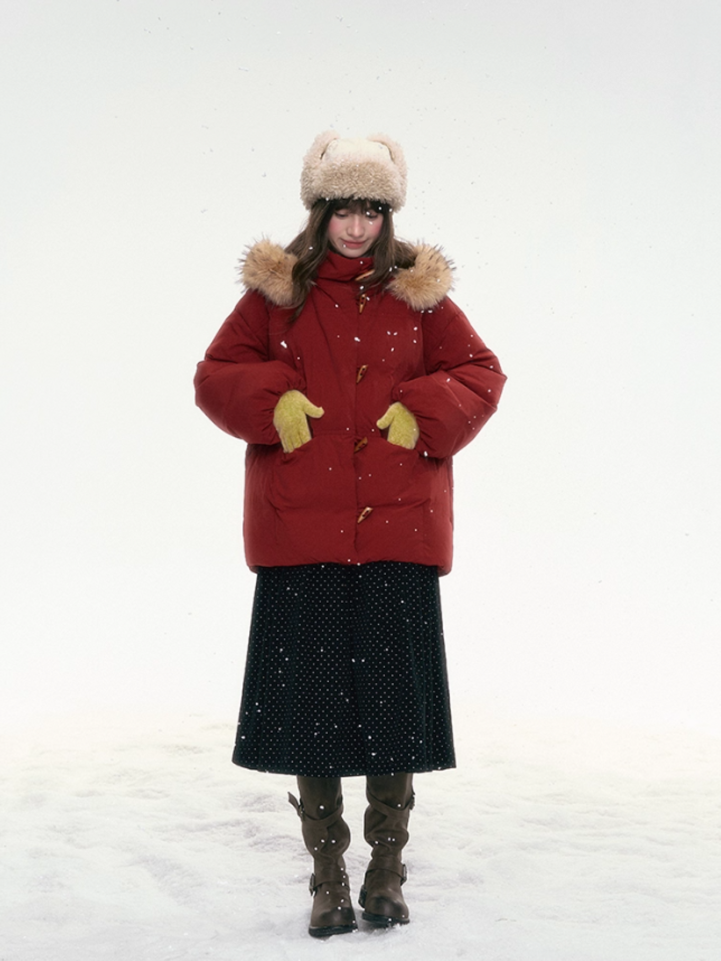 “Redwood Reverie” Festive Red Duffle-Hood Down Jacket LL2025317
