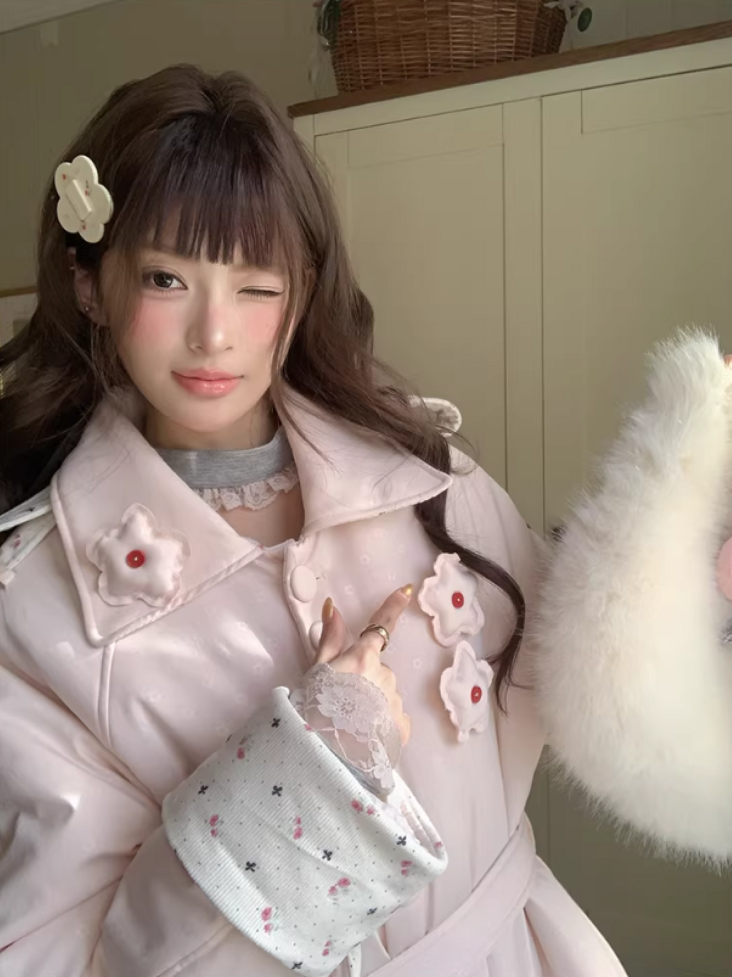 阮阮自制 - Honey Blossom Blush Floral Long Puffer Jacket