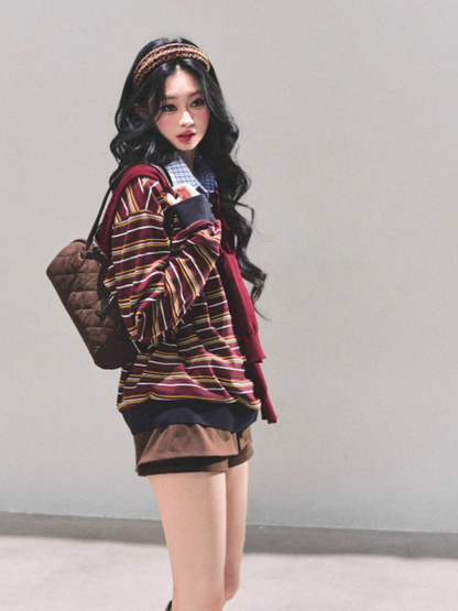 少也眼 "Unfinished Poem" Striped Polo Long Sleeve - Wine Red Striped