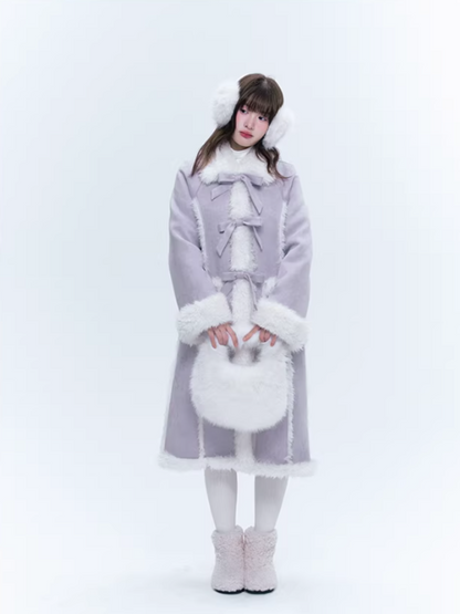 CREAMO2奶油氧气 - Taro Gray-Purple Bow-Tie Faux Suede & Teddy Midi Coat
