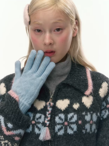 "Nordic Fairytale" Charcoal Pony Zip-Up Knit Cardigan WW2025449
