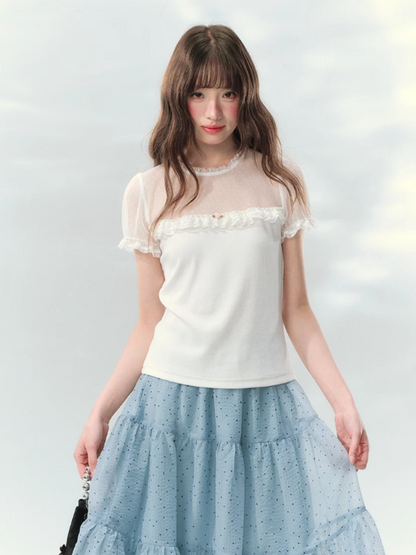 “Soft Candy Stardust” Lace Mesh Puff Sleeve Tee  LL2026149