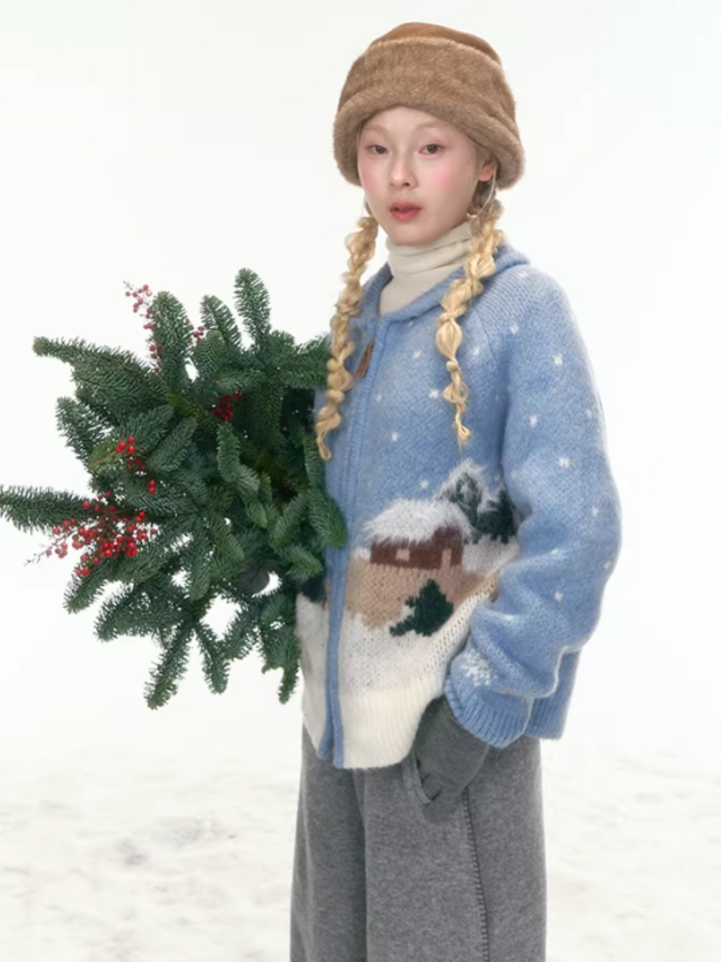 "Hand-Stitched Snow Fairytale" Blue Zip-Up Knit Cardigan LL2025448