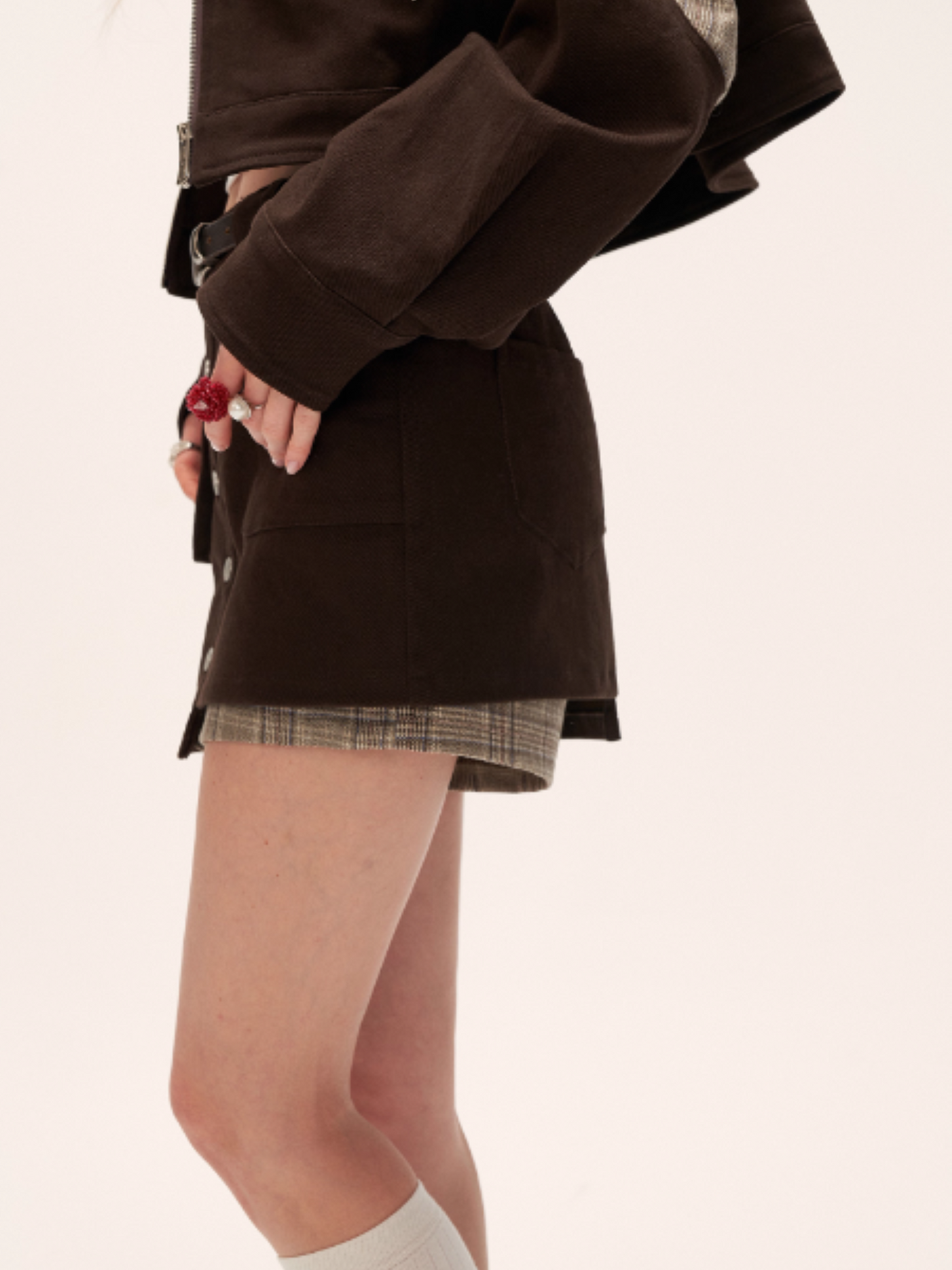 MAMC - Coffee Brown Plaid Patchwork Cropped Jacket & Skirt Set