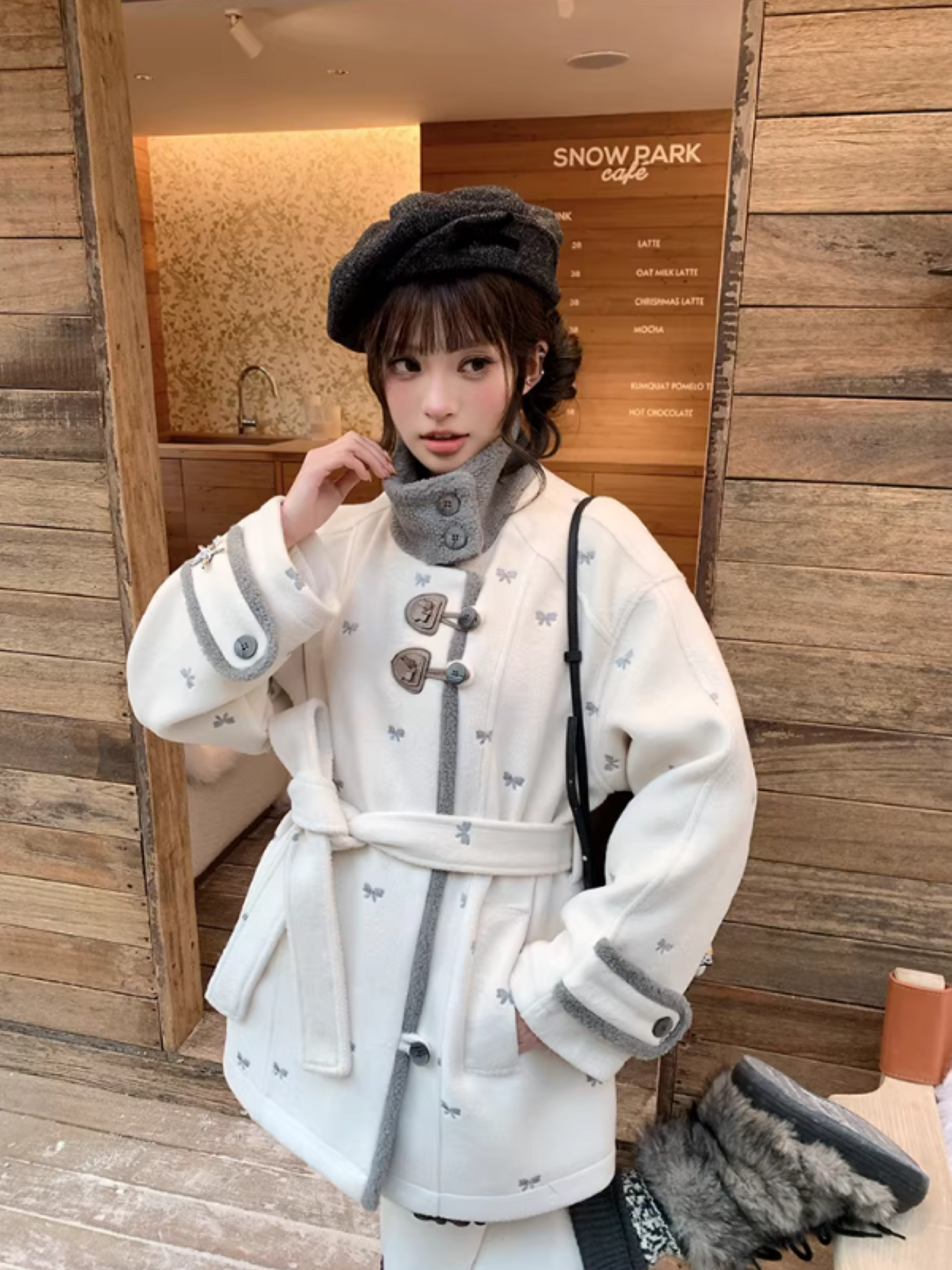 阮阮自制 - "Fog Whisper" Bow Embroidered Wool-Blend Padded Coat