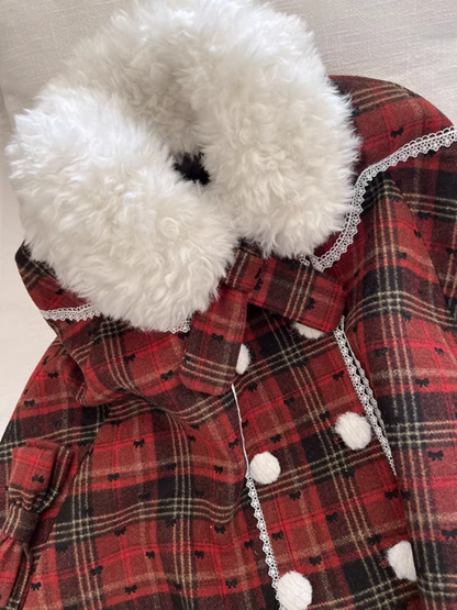 阮阮自制 - "Snowberry Dream" Plaid Cape Wool Blend Two-Piece Winter Set