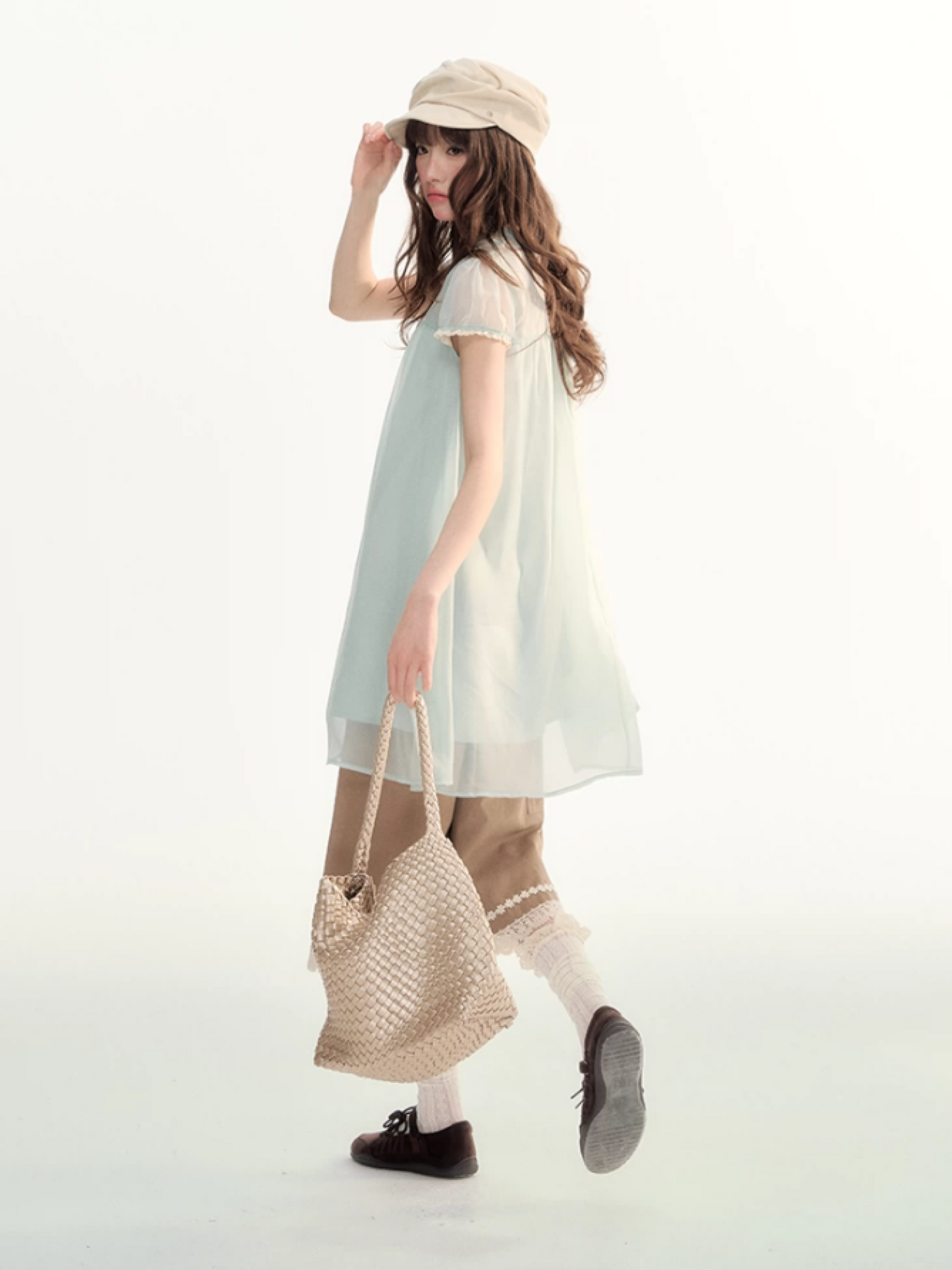 Sheer Lace Trim Puff Sleeve Babydoll Dress LL2026103