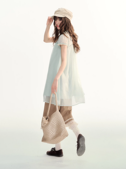 Sheer Lace Trim Puff Sleeve Babydoll Dress LL2026103