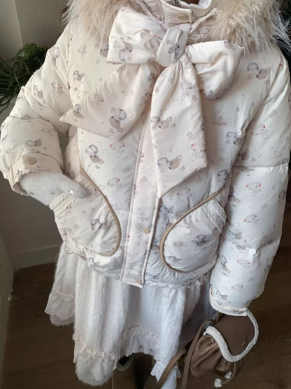 阮阮自制 - "Fluffy Pup" Bow-Detail Puppy Print Puffer Jacket