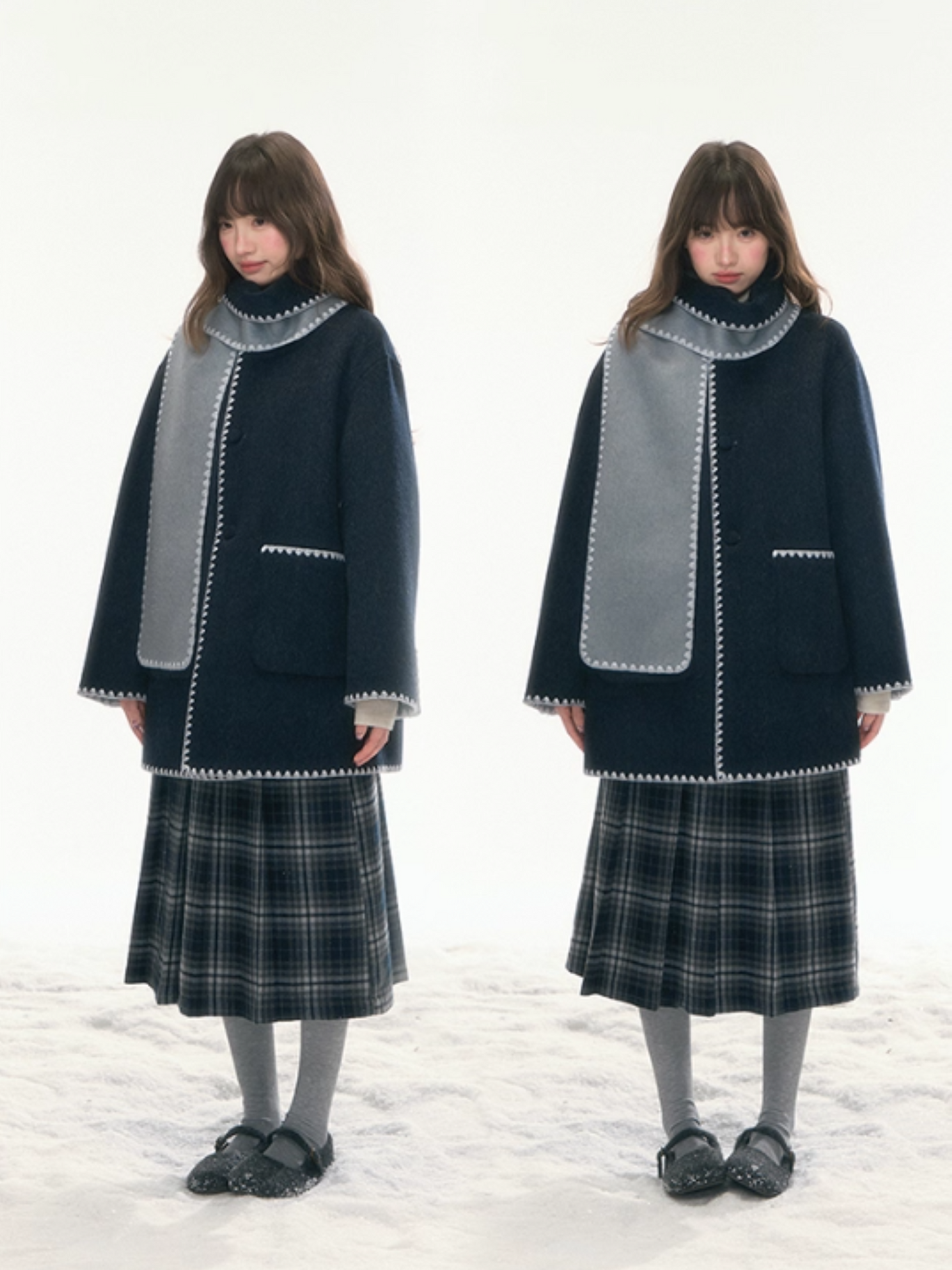 "Morning Verse & Night Poem" Reversible Wool Two-Tone Overcoat - Deep Blue × Light Blue LL2025455