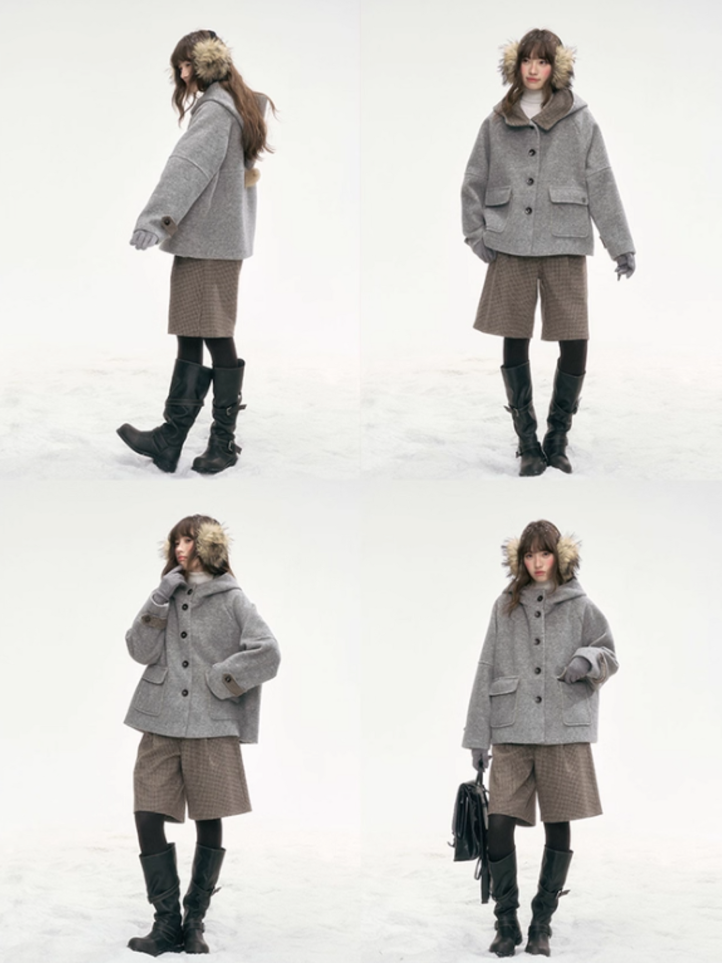 "Ash Mist Soft Wool" Two-Piece Set – Gray Coat & Plaid Shorts LL2025318