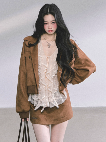 少也眼 London Café French Hepburn Woolen Three-Piece Set – Jacket, Top & Mini Skirt