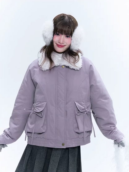 CREAMO2奶油氧气 - Taro Gray-Purple Detachable Shearling-Collar Retro Padded Jacket