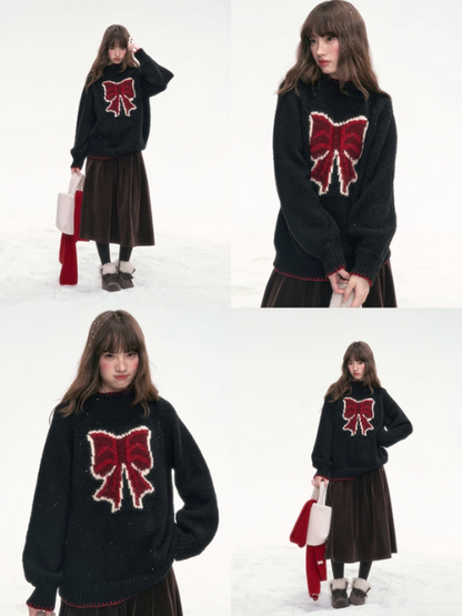 "Midnight Charm" Black Bow Knit Sweater LL2025311