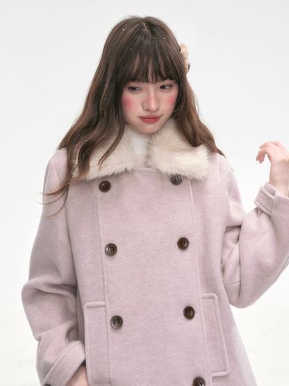 “Pink Letters” Sweet Vintage Double-Breasted Wool-Blend Coat LL2025336