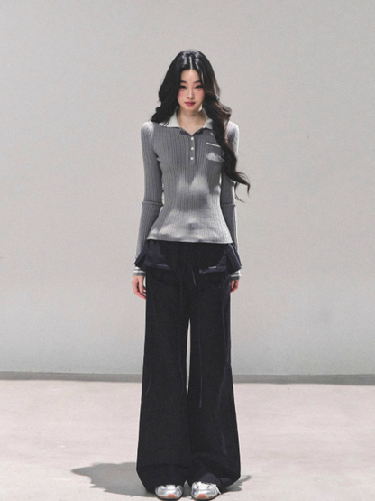 "温蒂的信" Classic Polo Collar Knit Top - Gray