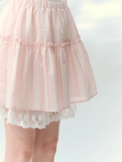 “Pink Mist Love Letter” Pink Stripe Lace Skirt Set LL2026161
