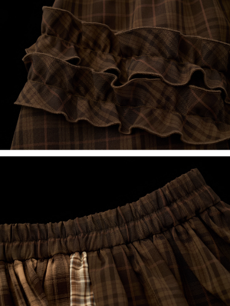 MAMC - Brown Patchwork Plaid Layered Midi Skirt WE738