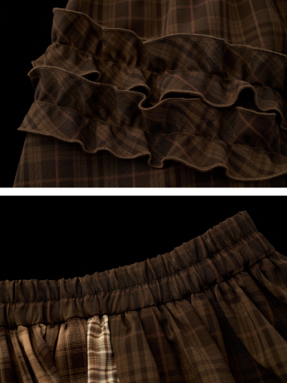 MAMC - Brown Patchwork Plaid Layered Midi Skirt WE738