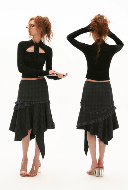 MAMC - Lace-Up Cutout Waist-Sculpt Long Sleeve Top (Black/ White)