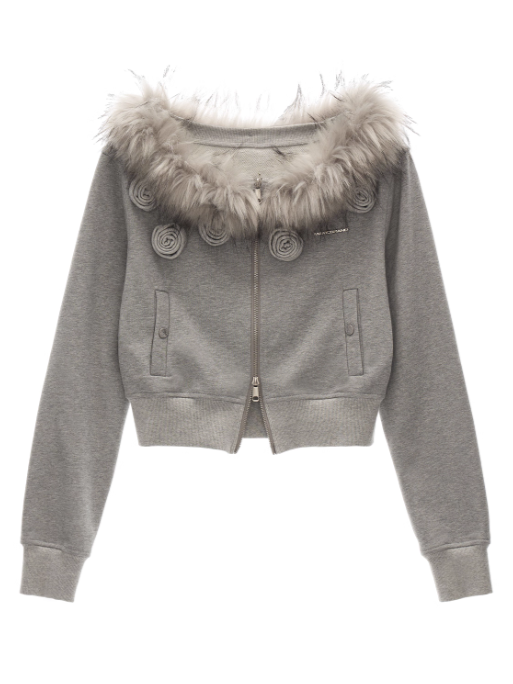 MAMC - Asymmetrical Shoulder Detachable Fur Collar Floral Jacket WE762 - GRAY