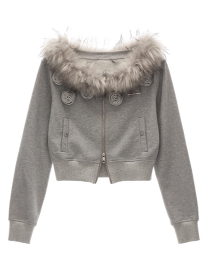 MAMC - Asymmetrical Shoulder Detachable Fur Collar Floral Jacket WE762 - GRAY